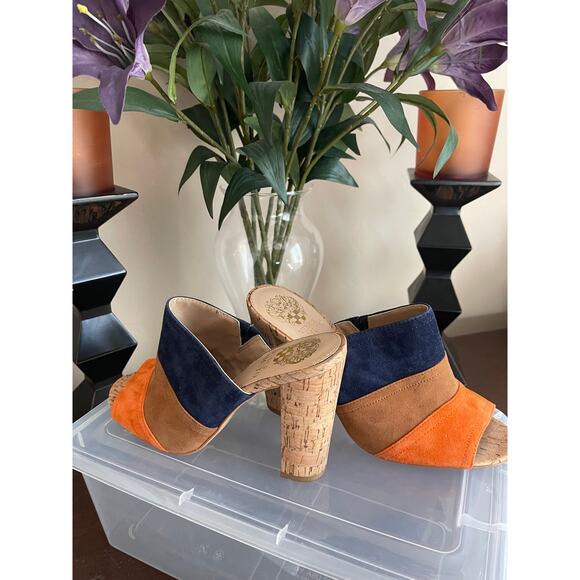 VINCE CAMUTO Color-Block Suede Cork-Heel Mules – Size 7 - Picture 3 of 7